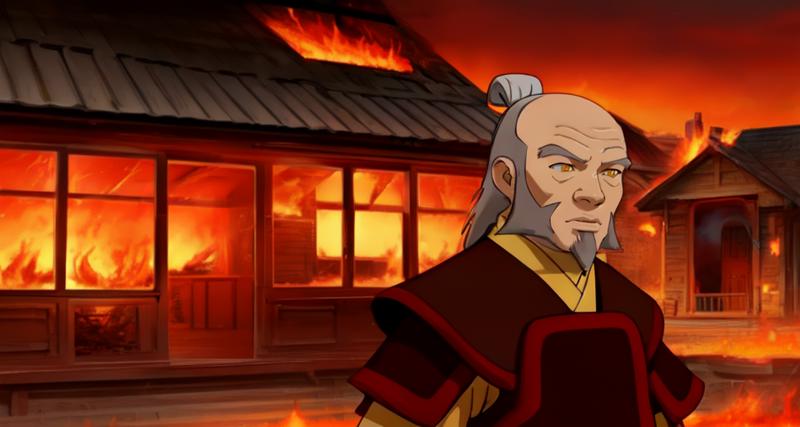 07385-1709983751-_lora_uncleiroh-10_0.8_, uncleiroh, old man, _yellow eyes, _grey hair, facial hair, mustache, _hair bun, __((house in fire, fire.png